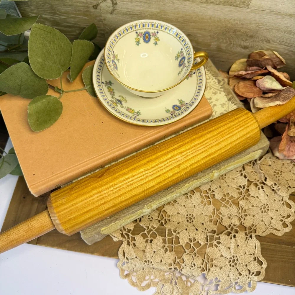 Vintage Style Wooden Rolling Pin Natural Grain Farmhouse Kitchen Baking Tool